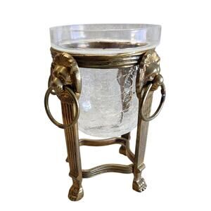 Vintage Lions Head Door Knocker Metal Brass Candle Holder Crackle Glass